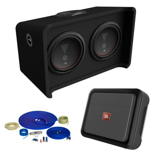 JBL CLUB1000D Club Series - Dual 10" Slip Stream Ported Enclosure 2ohm with JBL CLUB-A6001A High performance mono subwoofer car amplifier and 4GA OFC Wiring Kit