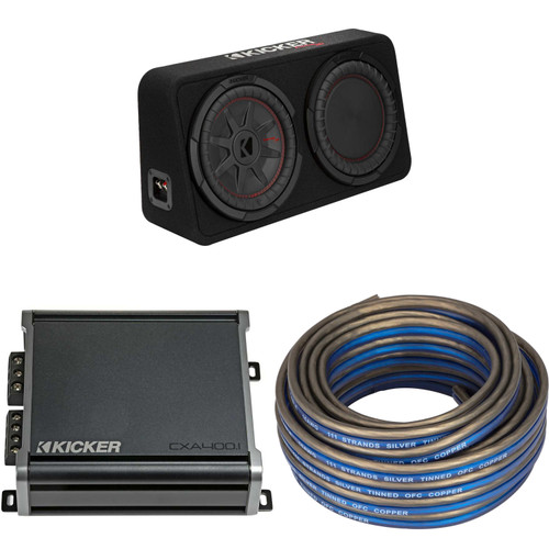 Kicker 48TCWRT102 CompRT 10" subwoofer in thin profile enclosure, 2ohm with 46CXA4001 Amp & Speaker Wire Bundle