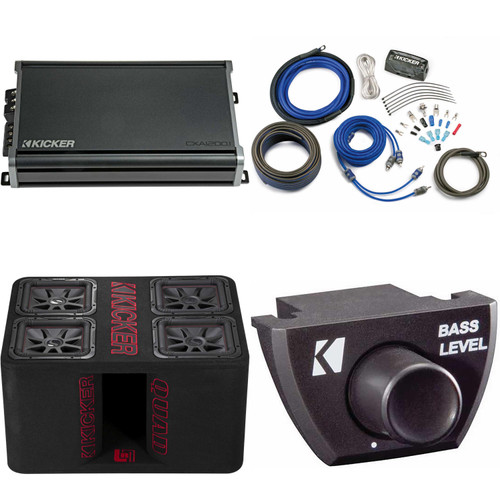Kicker 47QL7R122 12-Inch (30cm) Loaded Ported Quad Box, 2-Ohm w/ CXA1200.1 Amp, Amp Install Kit & Bass Knob Bundle