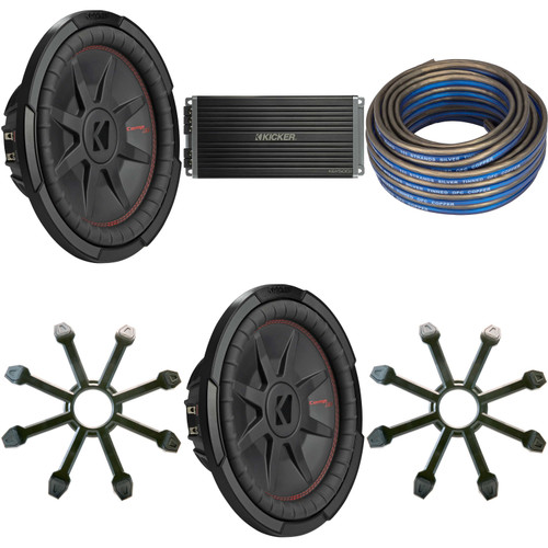 Kicker (2) 48CWRT122 CompRT 12" Subwoofer, DVC, 2-ohm w/ 47Key5001 Amp & Speaker Wire, Grill Bundle