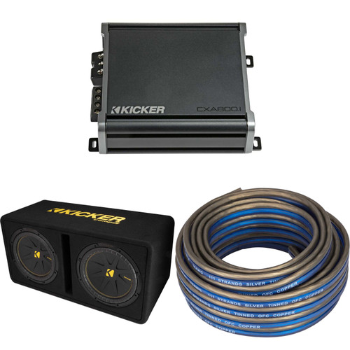 Kicker Dual 12 Inch Comp Bass Package 50DCWC122 with CXA8001, Speaker Wire Bundle