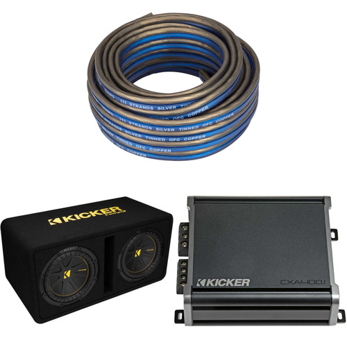 Kicker Dual 10 Inch Comp Bass Package 50DCWC102 with CXA4001 and Speaker Wire Bundle