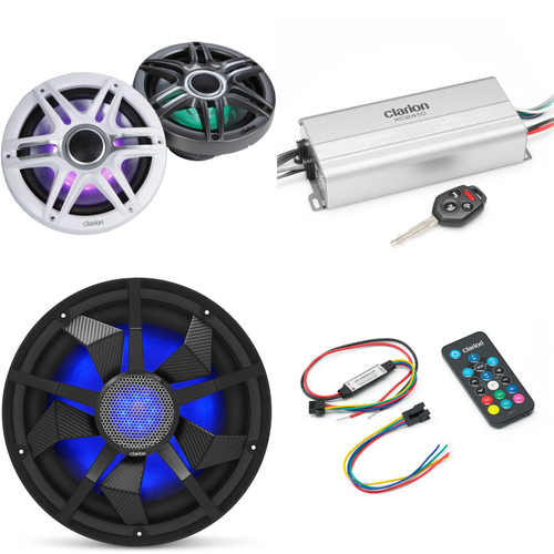 Clarion Marine 4 Channel Amp & Premium 7.7" w/ 12" Black Grill Boat Audio Upgrade Bundle ( Includes LED Remote )