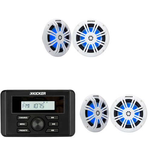 Kicker 46KMC3 Marine Gauge-Style Source  & ( 2 Pair ) 51KM604WL 6.5" White Marine LED Speakers bundle