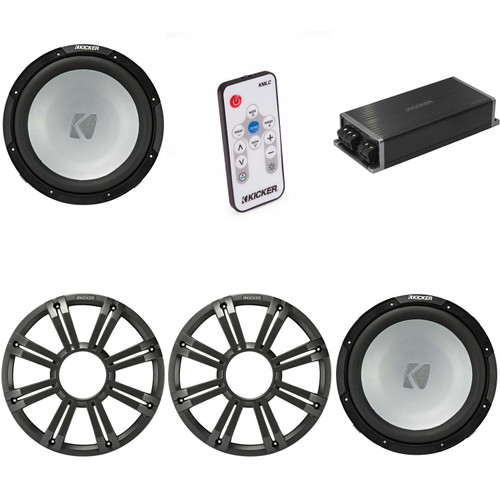 Kicker Marine KPX500.1 Powersports Amp & (2) 12" Free Air 4 Ohm ( Charcoal Grill ) Subwoofer Audio Upgrade, Includes LED Remote