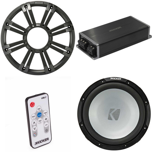 Kicker Marine KPX500.1 Powersports Amp & 12" Free Air 4 Ohm ( Charcoal Grill ) Subwoofer Audio Upgrade, Includes LED Remote