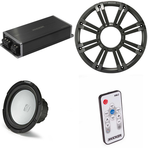 Kicker Marine KPX500.1 Powersports Amp & 10" 2 Ohm ( Charcoal Grill ) Subwoofer Audio Upgrade, Includes LED Remote