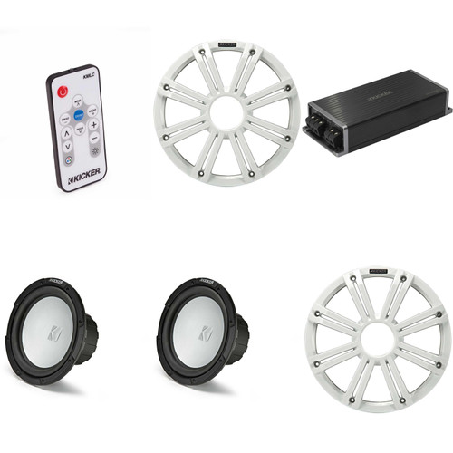 Kicker Marine KPX500.1 Powersports Amp & (2) 10" 4 Ohm ( White Grill )Subwoofer Audio Upgrade, Includes LED Remote