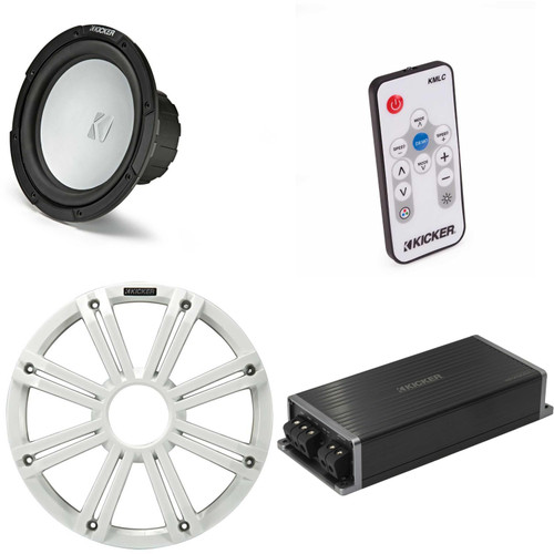 Kicker Marine KPX500.1 Powersports Amp & 10" 2 Ohm ( White Grill )Subwoofer Audio Upgrade, Includes LED Remote