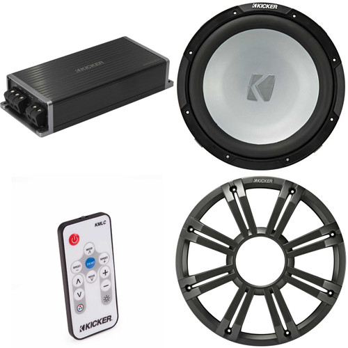 Kicker Marine KPX500.1 Powersports Amp & 12" 4 Ohm ( Charcoal Grill ) Subwoofer Audio Upgrade, Includes LED Remote