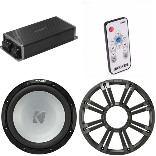 Kicker Marine KPX500.1 Powersports Amp & 12" 2 Ohm ( Charcoal Grill ) Subwoofer Audio Upgrade, Includes LED Remote