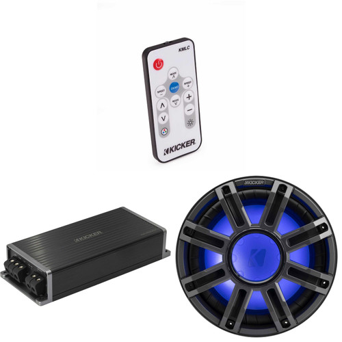 Kicker Marine KPX500.1 Powersports Amp & 12" 4 Ohm Premium Marine Free-Air Subwoofer (Charcoal Grill ) Includes LED Remote