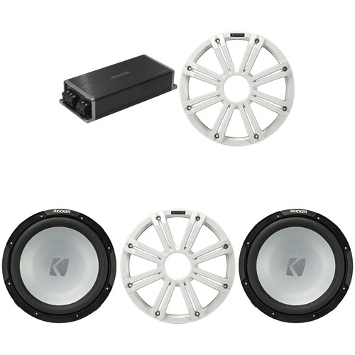 Kicker Marine KPX500.1 Powersports Amp & (2) 12" 4 Ohm ( White Grill ) Subwoofer Audio Upgrade