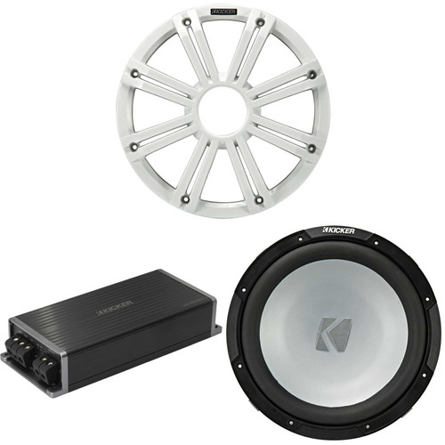 Kicker Marine KPX500.1 Powersports Amp & 12" 4 Ohm ( White Grill ) Subwoofer Audio Upgrade