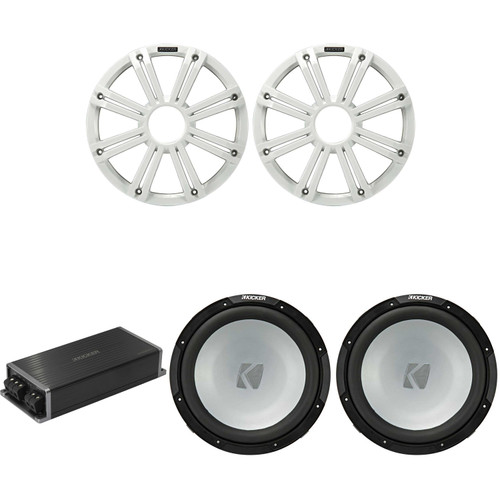 Kicker Marine KPX500.1 Powersports Amp & (2) 12" Free Air 4 Ohm ( White Grill ) Subwoofer Audio Upgrade