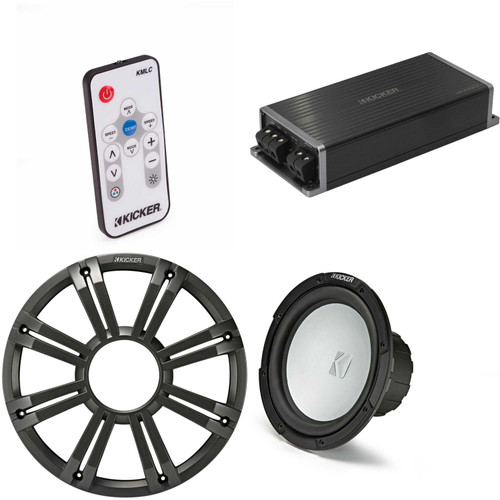 Kicker Marine KPX500.1 Powersports Amp & 10" Free Air 4 Ohm ( Charcoal Grill ) Subwoofer Audio Upgrade, Includes LED Remote
