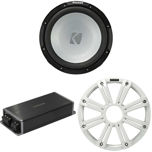Kicker Marine KPX500.1 Powersports Amp & 12" Free Air 2 Ohm ( White Grill ) Subwoofer Audio Upgrade