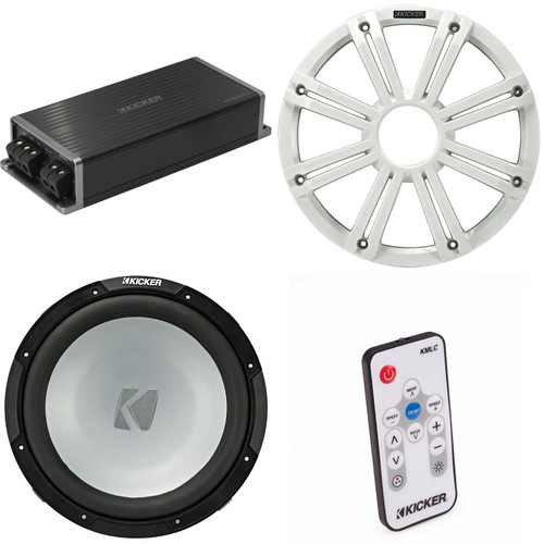 Kicker Marine KPX500.1 Powersports Amp & 12" Free Air 2 Ohm ( White Grill ) Subwoofer Audio Upgrade, Includes LED Remote