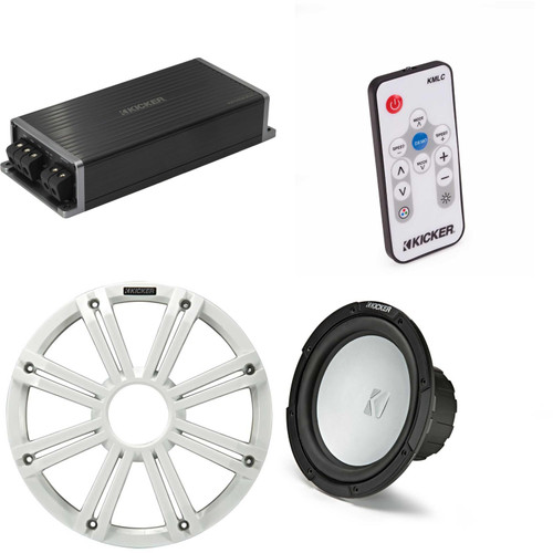 Kicker Marine KPX500.1 Powersports Amp & 10" Free Air 4 Ohm ( White Grill ) Subwoofer Audio Upgrade, Includes LED Remote