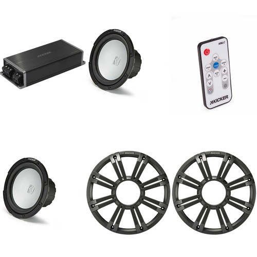 Kicker Marine KPX500.1 Powersports Amp & (2) 10" Free Air 4 Ohm ( Charcoal Grill ) Subwoofer Audio Upgrade, Includes LED Remote