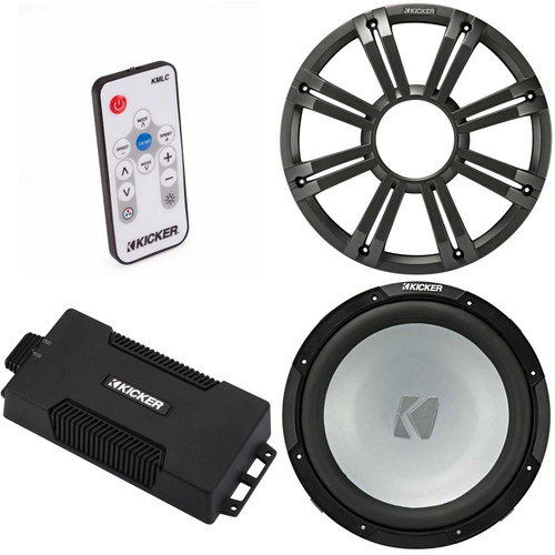 Kicker 48PXA6001 Weatherproof Powersport Mono Amp & 12" 4 Ohm Free-Air Marine Subwoofer ( Charcoal Grill ) Includes LED Remote