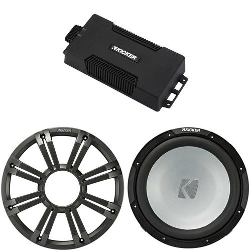 Kicker 48PXA6001 Weatherproof Powersport Mono Amp & 12" 2 Ohm Free-Air Marine Subwoofer ( Charcoal Grill )