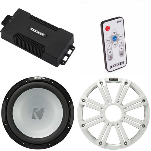 Kicker 48PXA6001 Weatherproof Powersport Mono Amp & 12" 4 Ohm Marine Subwoofer ( White Grill ) Includes LED Remote