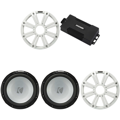 Kicker 48PXA6001 Weatherproof Powersport Mono Amp & (2) 12" 4 Ohm Free-Air Marine Subwoofer ( White Grill )