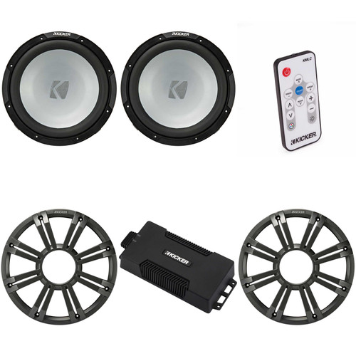 Kicker 48PXA6001 Weatherproof Powersport Mono Amp & (2) 12" 4 Ohm Free-Air Marine Subwoofer ( Charcoal Grill ) Includes LED Remote