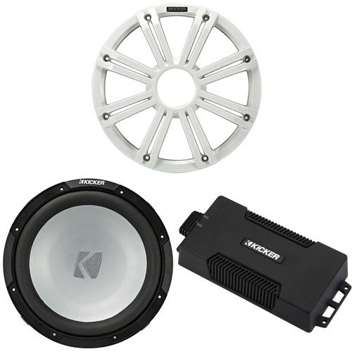 Kicker 48PXA6001 Weatherproof Powersport Mono Amp & 12" 4 Ohm Marine Subwoofer ( White Grill )
