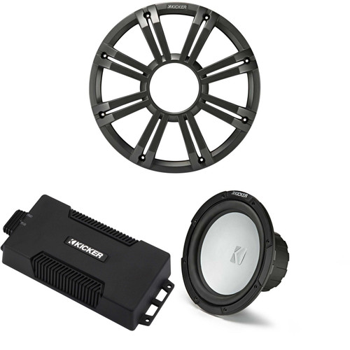 Kicker 48PXA6001 Weatherproof Powersport Mono Amp & 10" 2 Ohm Free-Air Marine Subwoofer ( Charcoal Grill )