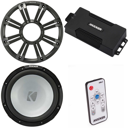 Kicker 48PXA6001 Weatherproof Powersport Mono Amp & 12" 2 Ohm Free-Air Marine Subwoofer ( Charcoal Grill ) Includes LED Remote