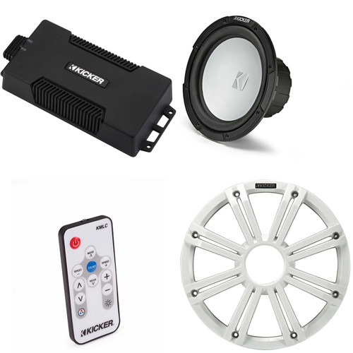Kicker 48PXA6001 Weatherproof Powersport Mono Amp & 10" 2 Ohm Free-Air Marine Subwoofer ( White Grill ) Includes LED Remote