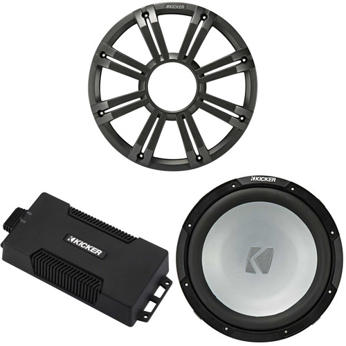 Kicker 48PXA6001 Weatherproof Powersport Mono Amp & 12" 4 Ohm Free-Air Marine Subwoofer ( Charcoal Grill )