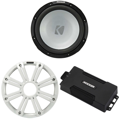 Kicker 48PXA6001 Weatherproof Powersport Mono Amp & 12" 2 Ohm Free-Air Marine Subwoofer ( White Grill )