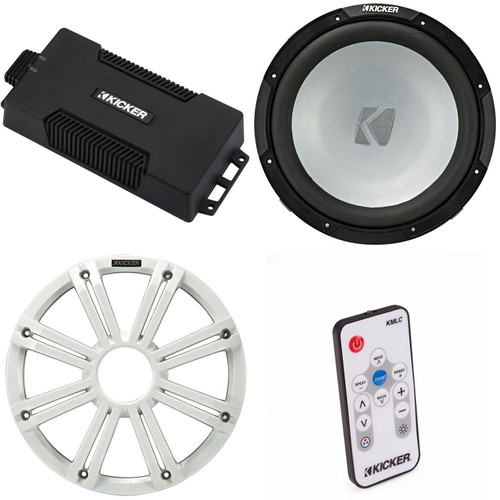 Kicker 48PXA6001 Weatherproof Powersport Mono Amp & 12" 4 Ohm Free-Air Marine Subwoofer ( White Grill ) Includes LED Remote