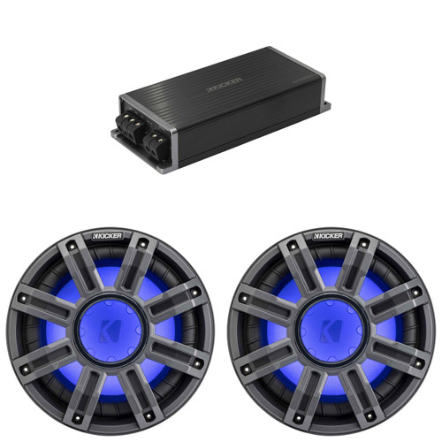Kicker Marine KPX500.1 Powersports Amp & (2) 10" 4 Ohm Premium Marine Free-Air Subwoofer (Charcoal Grill )
