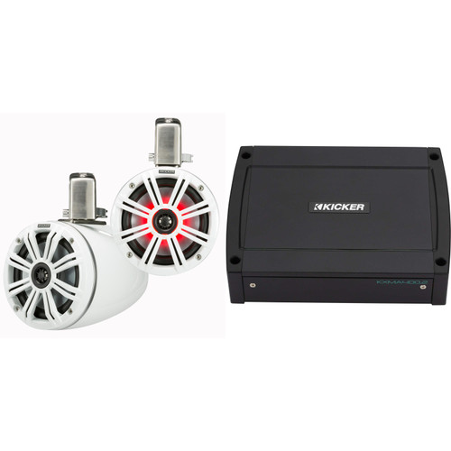 Kicker KMTC65W 6.5" White Loaded Marine Wake Tower Enclosures & 400 Watt Marine Amp with tube-clamp mounting