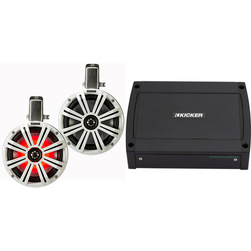 Kicker KMTC8W 8" Loaded Marine Wake Tower Enclosures & 400 Watt Marine Amp with tube-clamp mounting