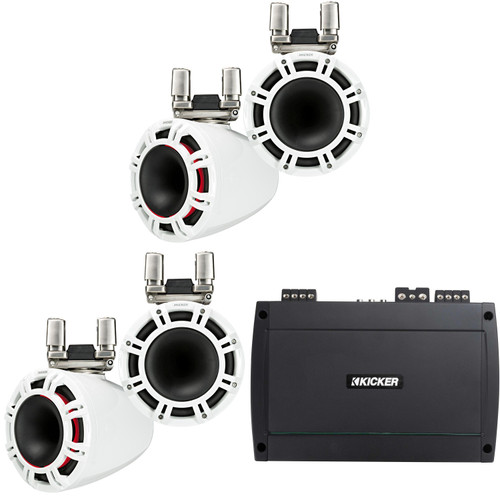 Kicker (2 Pair) 44KMTC9W 9" White Horn-Loaded Tower Speakers & 800 Watt Marine Amp with tube-clamp mounting