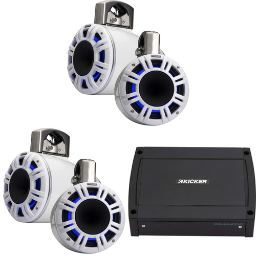 Kicker (2 Pair) 51KMTCXL6W 6" White KMXL Horn-Loaded Tower Speakers & 400 Watt Marine Amp with tube-clamp mounting