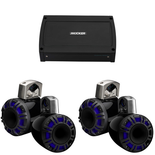 Kicker (2 Pair) 51KMTCXL6 6" Black KMXL Horn-Loaded Tower Speakers & 500 Watt Marine Amp with tube-clamp mounting