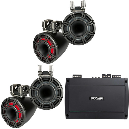 Kicker (2 Pair) 44KMTC11 11" Black Horn-Loaded Tower Speakers & 800 Watt Marine Amp with tube-clamp mounting