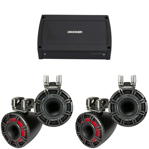 Kicker (2 Pair) 44KMTC11 11" Black Horn-Loaded Tower Speakers & 1200 Watt Marine Amp with tube-clamp mounting