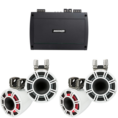 Kicker (2 Pair) 44KMTC11W 11" White Horn-Loaded Tower Speakers & 800 Watt Marine Amp with tube-clamp mounting