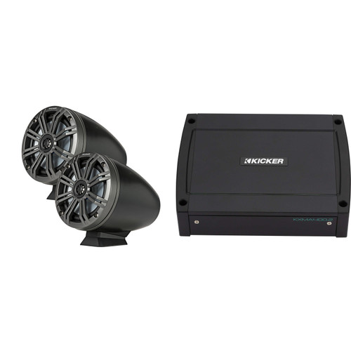 Kicker 46KMFC65 6.5" Black Loaded Marine Wake Tower Enclosures & 400 Watt Marine Amp with Flat-Mounting