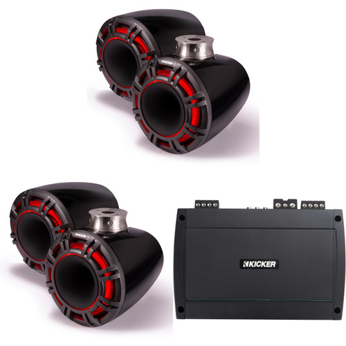 Kicker (2 Pair ) 47KMFC11 11" Black Horn-Loaded Tower Speakers & 800 Watt Marine Amp with Flat-Mount Tower Adapters
