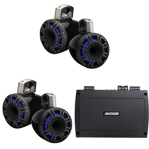 Kicker (2 Pair) 51KMTCXL8 8" Black KMXL Horn-Loaded Tower Speakers & 800 Watt Marine Amp with tube-clamp mounting