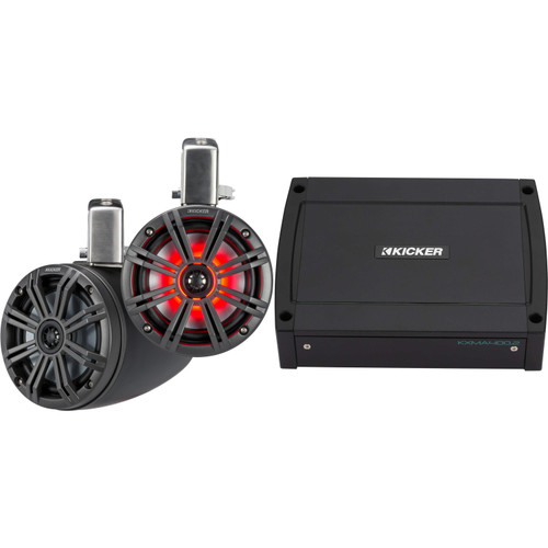 Kicker KMTC65 6.5" Black Loaded Marine Wake Tower Enclosures & 400 Watt Marine Amp with tube-clamp mounting
