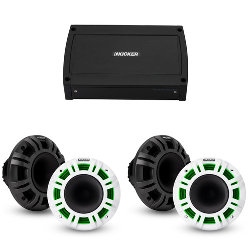 Kicker Marine 4 Ch Amp & ( 2 pair ) 6.5" LED KMXL Coaxial Speaker Audio Upgrade ( 48KXMA500.4, 48KMXL65)